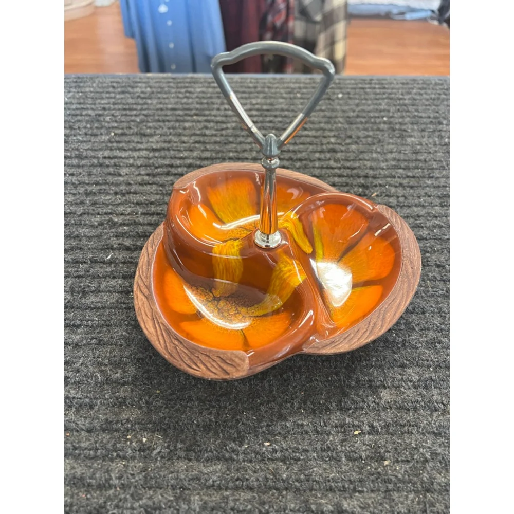 Vintage Sequoia Ware 618 Glaze Pottery 3 Sectioned Orange Nut Candy Serving Dish